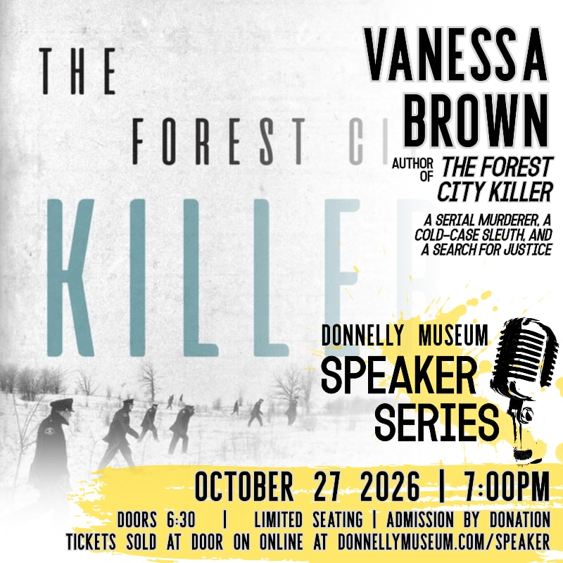 Text promoting a speaker series event featuring author Vanessa Brown is overlaid on a grayscale background of figures walking through a snowy landscape.