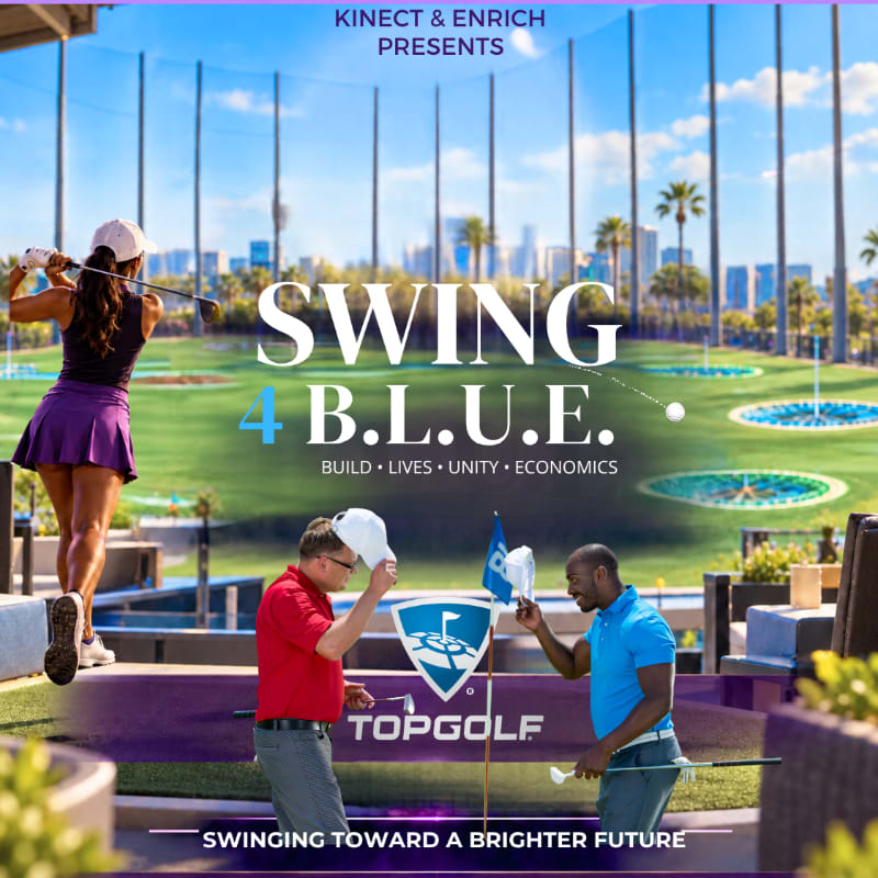 Two men and a woman engage in golf at a Topgolf facility, with a city skyline visible in the distant background.