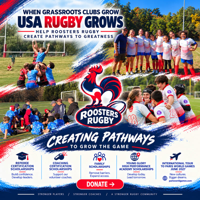 A promotional poster for Roosters Rugby features various photos of players and coaches in the foreground and background, overlaid with bold text and a rooster logo.