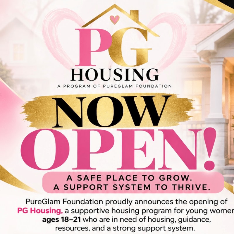 Bold pink and gold text announcing the opening of PG Housing is layered over a blurred background of a residential home.