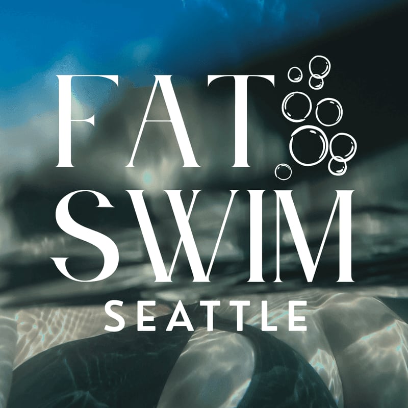 White text reading "FAT SWIM SEATTLE" and bubble graphics are layered over a background of shimmering blue water.