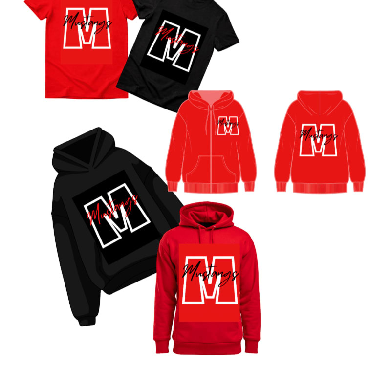 A collection of red and black t-shirts and hoodies featuring a white "M" logo are arranged against a plain white background.