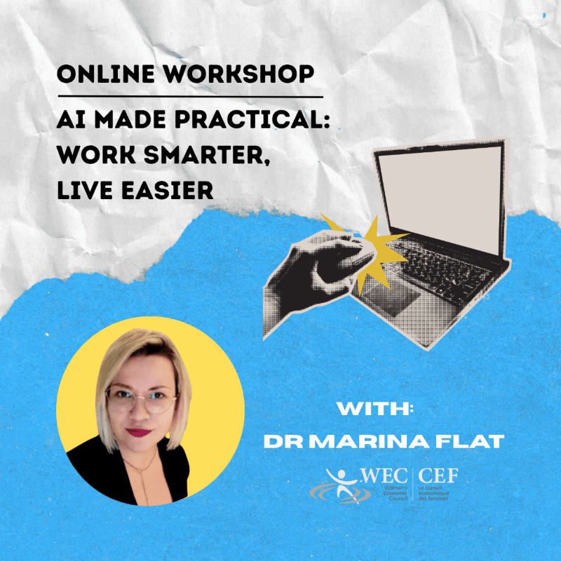 Text announcing an online AI workshop and a portrait of Dr. Marina Flat are set against a blue foreground and a crumpled white paper background.