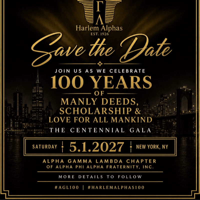 Gold text announcing a centennial gala for the Harlem Alphas is layered over a dark background featuring a nighttime New York City skyline and the Brooklyn Bridge.