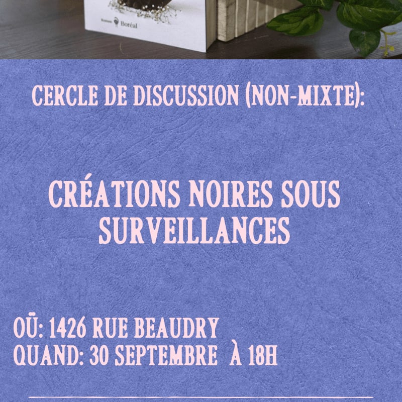 A purple textured announcement for a discussion circle sits in the foreground, with a blurred white box and green foliage in the background.