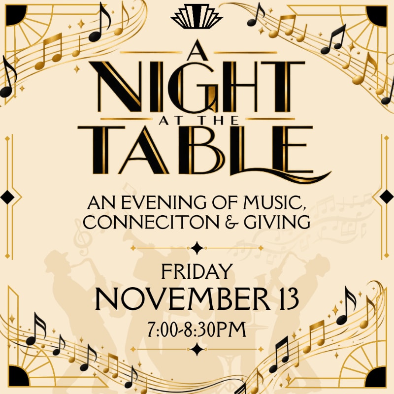 Bold black and gold text announcing "A Night at the Table" event details sits atop a cream background featuring musical notes and faint silhouettes of musicians.