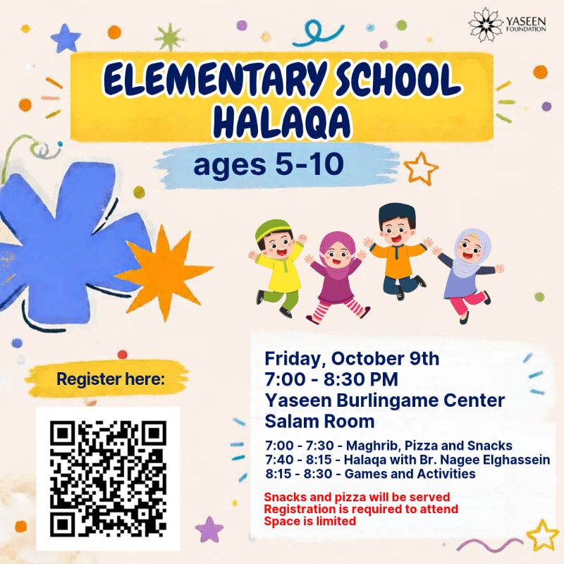 A colorful event flyer for an Elementary School Halaqa features cartoon children and event details in the foreground against a light-colored background decorated with playful shapes and stars.