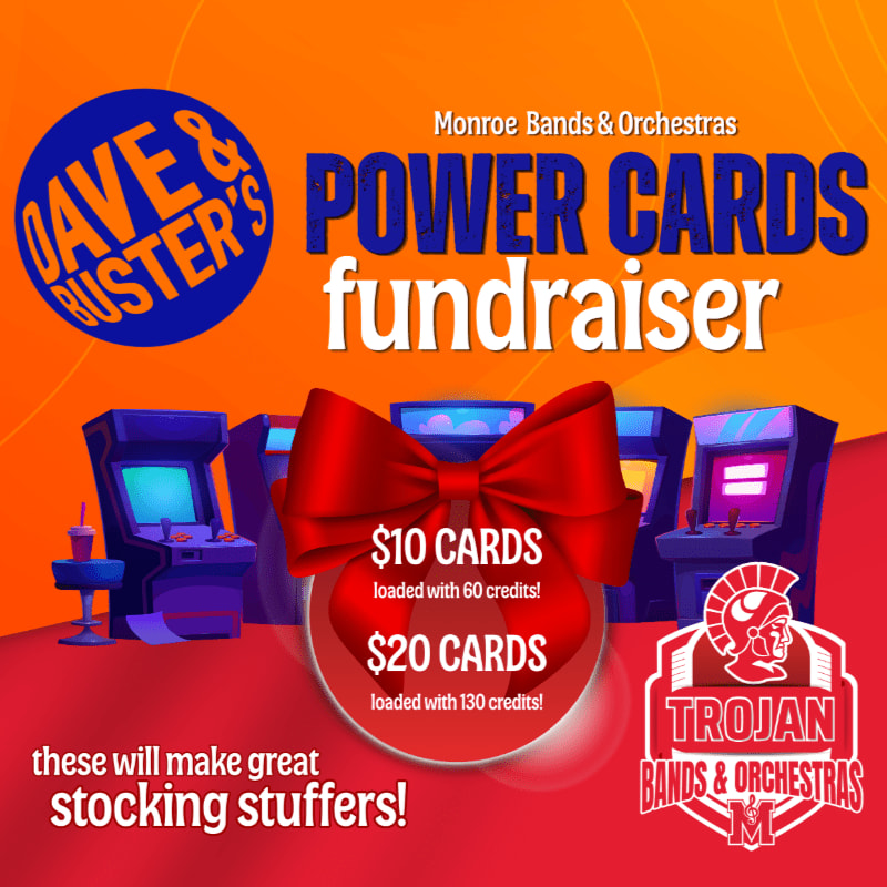 A red bow and pricing for power cards sit in the foreground against a background of arcade machines and orange promotional text for a Monroe Bands & Orchestras fundraiser.