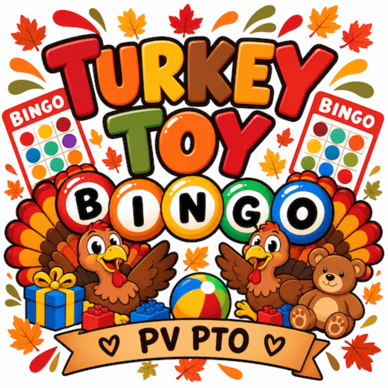 Colorful "TURKEY TOY BINGO" text and two cartoon turkeys with toys sit in the foreground against a background of autumn leaves and bingo cards.