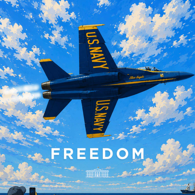 A blue U.S. Navy jet flies through a bright blue sky filled with fluffy white clouds, with the word "FREEDOM" and a small white building silhouette positioned below it.