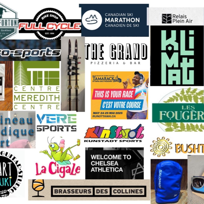 A collage of various logos and promotional banners for sports, dining, and outdoor businesses fills the entire frame.