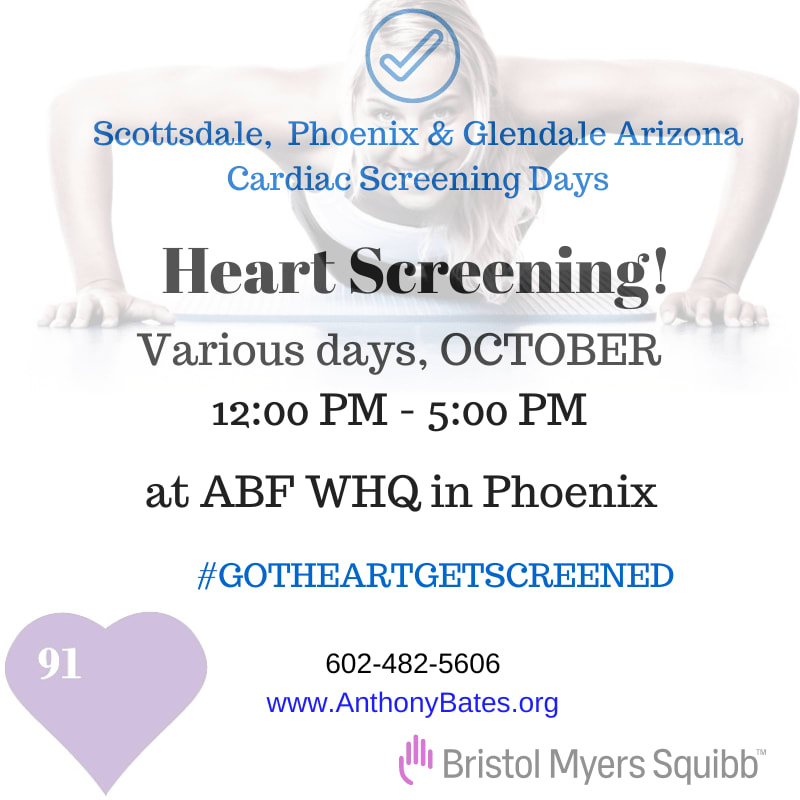 Text announcing heart screening days in Arizona is overlaid on a background image of a woman doing a push-up.