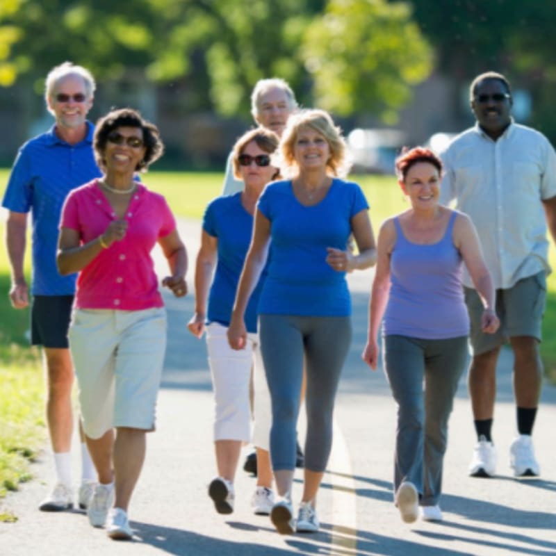 A group of smiling seniors in colorful athletic wear walk together along a paved path with lush green trees in the background.