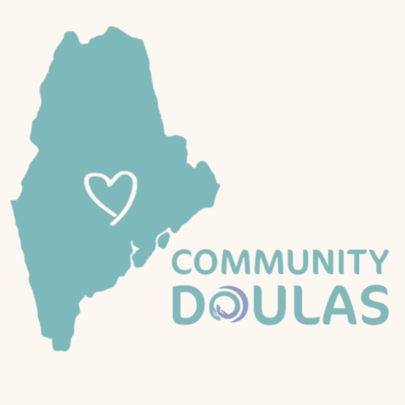 A teal silhouette of Maine with a white heart is positioned next to the text "COMMUNITY DOULAS" against a plain white background.