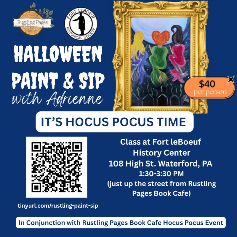 A promotional flyer for a Halloween Paint & Sip event features event details and a QR code in the foreground against a dark blue background with a gold-framed painting.