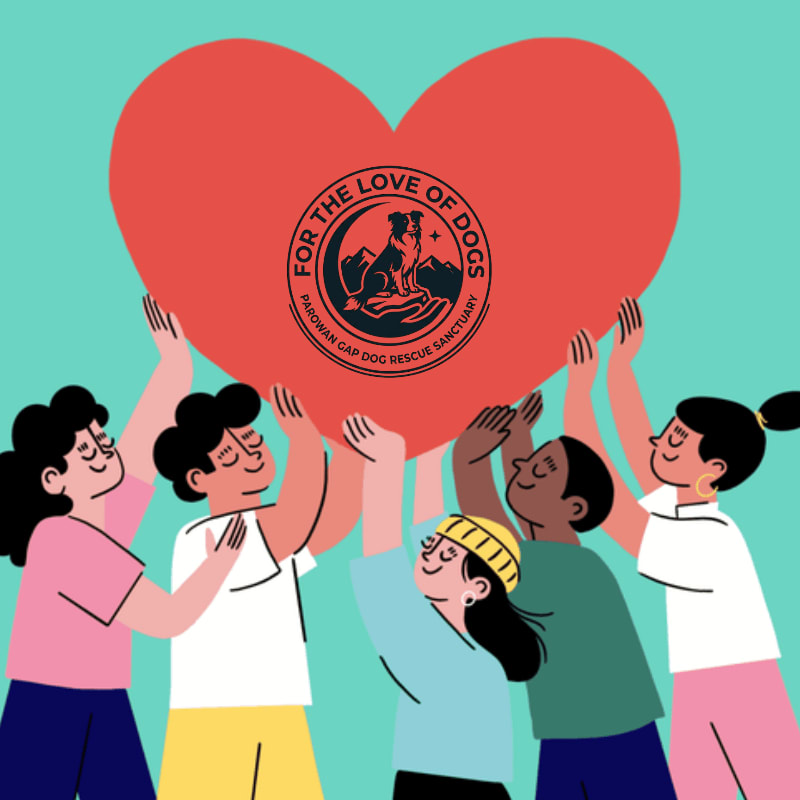 Five diverse people hold up a large red heart featuring a dog rescue logo against a solid teal background.