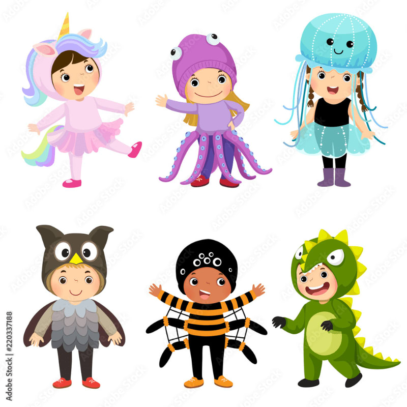 Six children wearing various animal and mythical creature costumes stand against a plain white background.