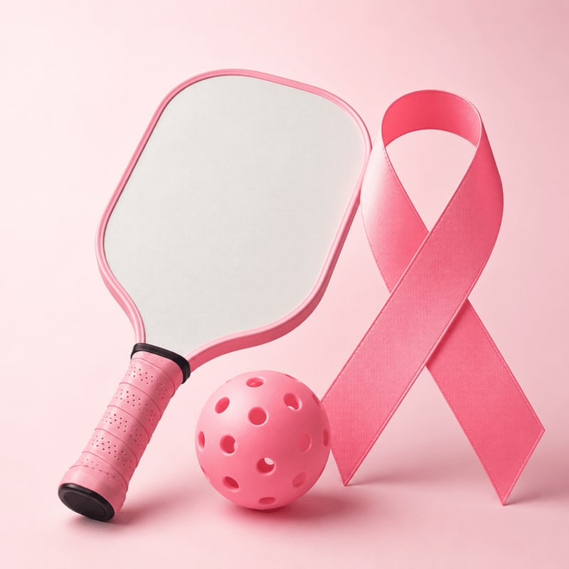 A pink paddle and perforated ball sit in the foreground beside a pink awareness ribbon against a solid pink background.