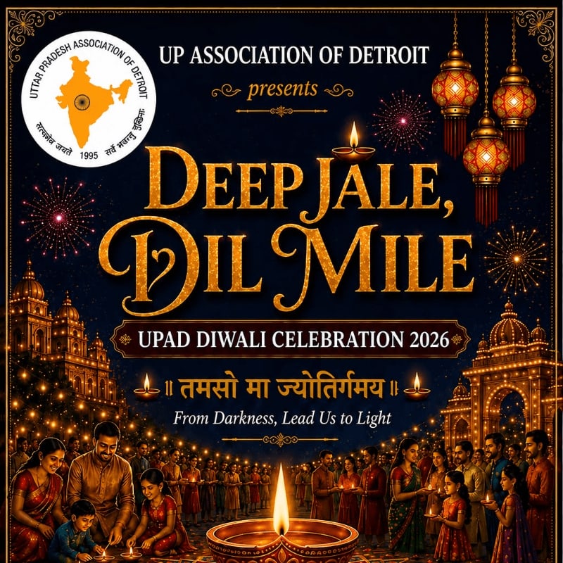 A festive Diwali celebration poster features a crowd of people lighting lamps in the foreground against a dark night sky filled with fireworks, lanterns, and illuminated temples in the background.
