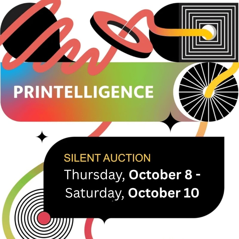 A colorful graphic for a "Printelligence" silent auction features bold text and abstract geometric shapes in the foreground against a white background.
