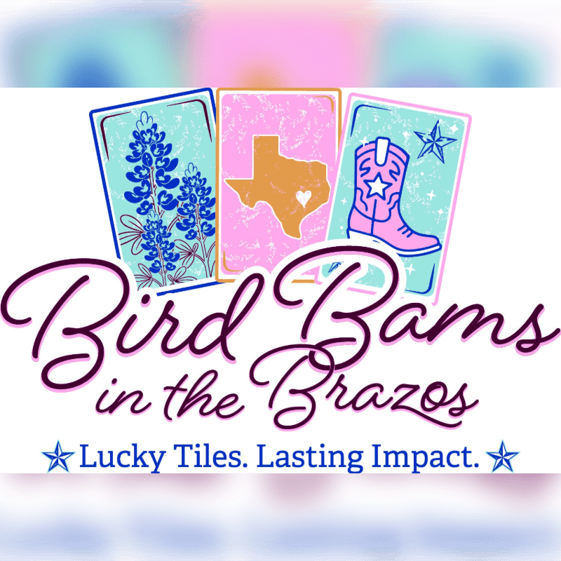 The text "Bird Bams in the Brazos" and "Lucky Tiles. Lasting Impact." sits in the foreground against a background of three colorful illustrated tiles featuring bluebonnets, Texas, and a cowboy boot.