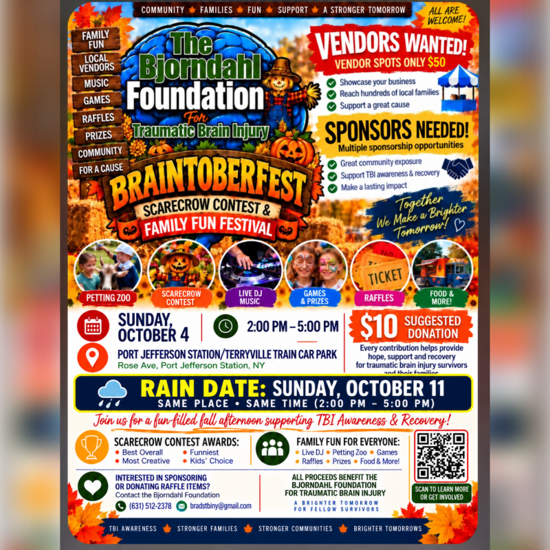 A colorful event flyer for "Braintoberfest" features autumn-themed graphics and event details in the foreground against a backdrop of fall leaves and pumpkins.