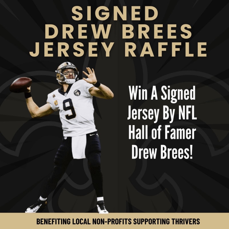 A football player in a white jersey stands in the foreground against a dark, stylized background featuring text for a signed Drew Brees jersey raffle.