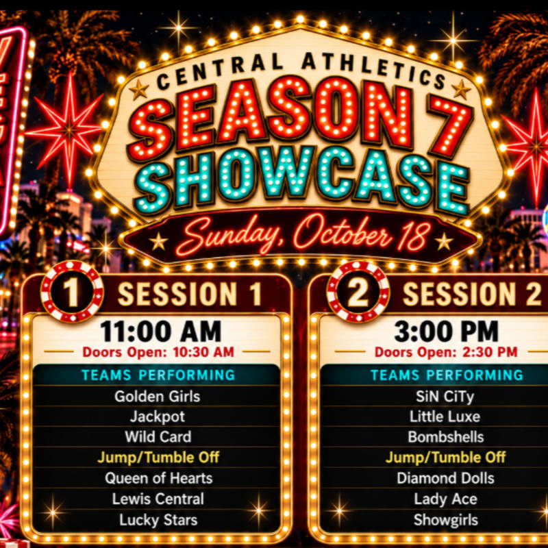A brightly lit marquee for the Central Athletics Season 7 Showcase displays event schedules in the foreground against a nighttime Las Vegas-style backdrop of palm trees and neon stars.