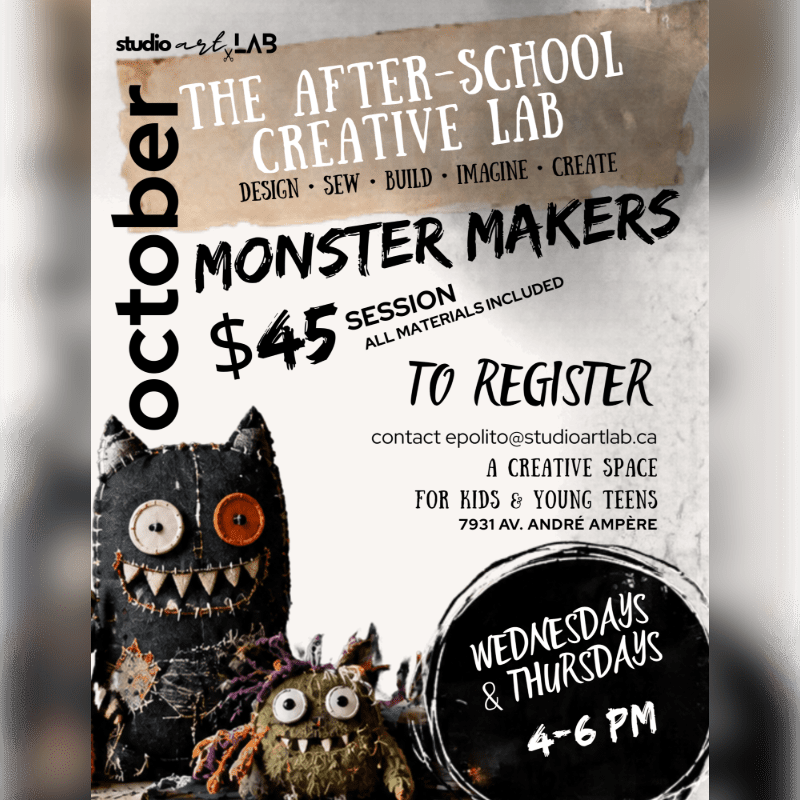Two handmade fabric monsters sit in the foreground of a promotional flyer for an after-school creative lab set against a textured, light-colored background.