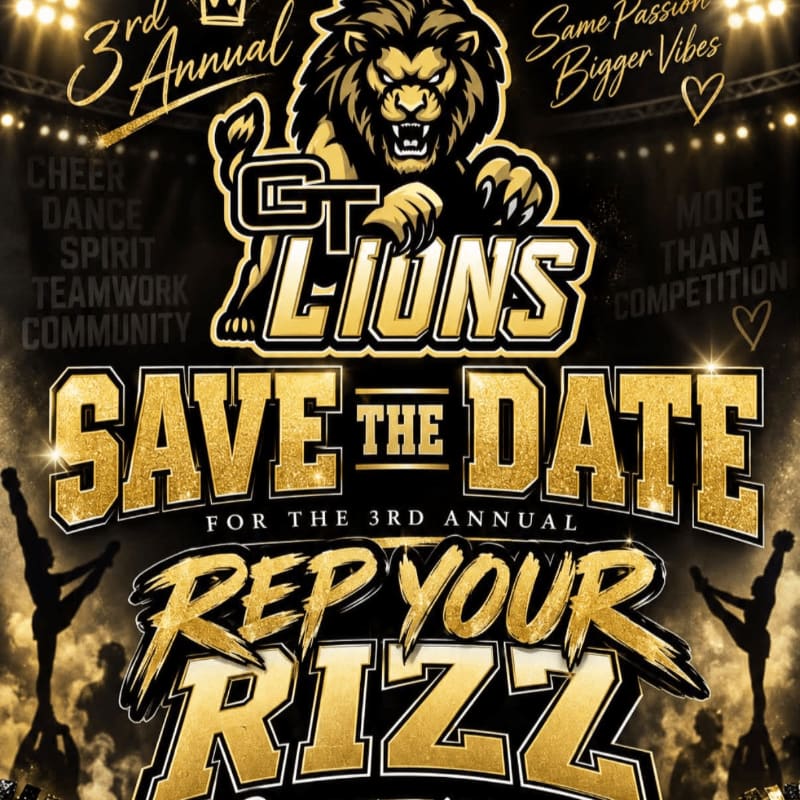 Gold and white text announcing "Save the Date" for the "Rep Your Rizz" event sits in the foreground, set against a dark stadium background featuring a fierce lion mascot and silhouettes of cheerleaders.