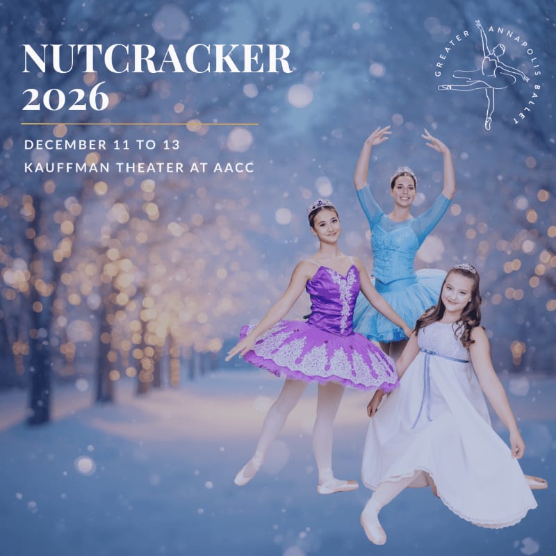 Three ballerinas in colorful tutus pose in the foreground against a snowy, bokeh-lit winter forest background.