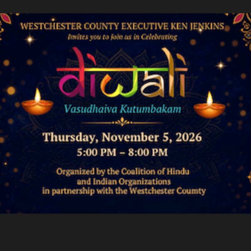 Colorful "Diwali" text and event details are centered in the foreground, set against a dark blue background adorned with glowing diyas and subtle patterns.