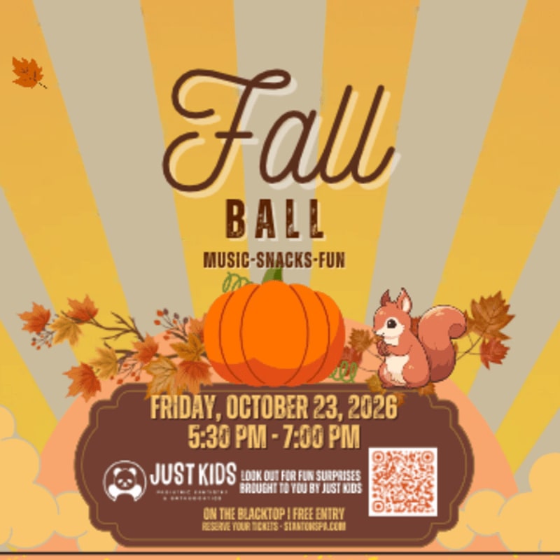 A pumpkin and a squirrel sit atop a brown event banner in the foreground, set against a yellow and orange striped background with falling autumn leaves.