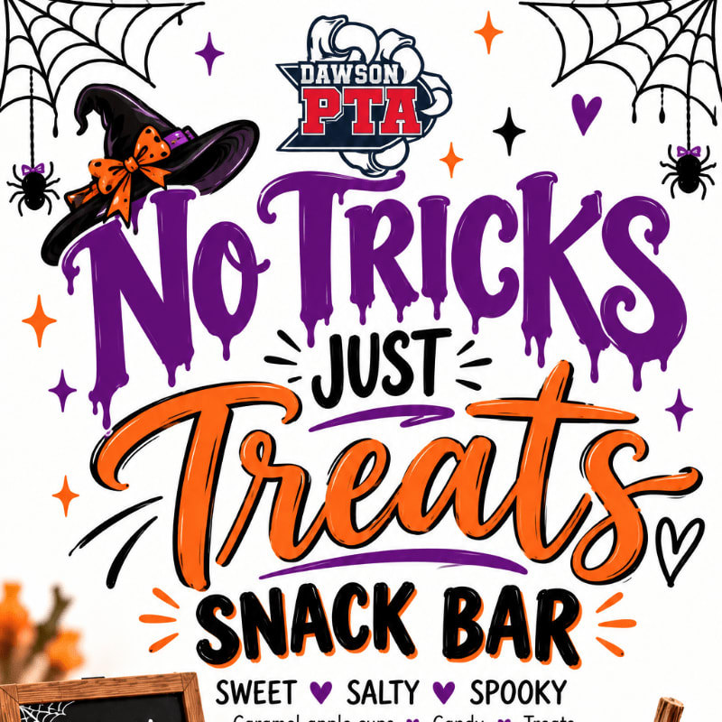 A Halloween-themed snack bar flyer features bold purple and orange text in the foreground, set against a white background decorated with spiderwebs, spiders, and a witch's hat.