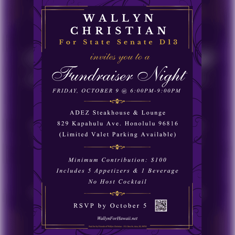 A gold-bordered invitation for Wallyn Christian's fundraiser night is centered against a deep purple textured background.