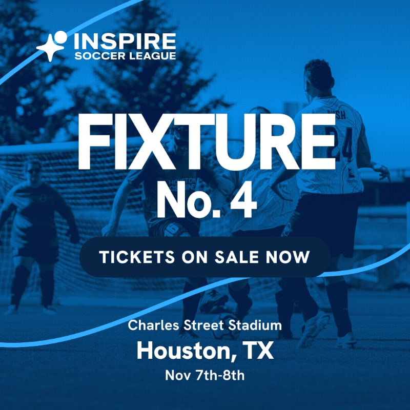 White text announcing a soccer fixture and ticket sales overlays a blue-tinted image of players on a field with a goal and trees in the background.