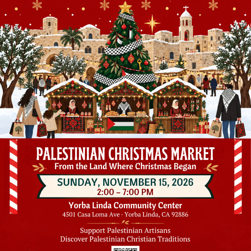 A festive illustration of a Palestinian Christmas market with vendors and shoppers in the foreground and a decorated tree and stone buildings in the background.