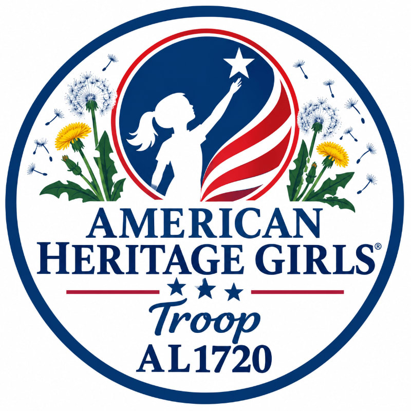 A circular logo features a silhouette of a girl reaching for a star against a red, white, and blue background, flanked by dandelions and the text "AMERICAN HERITAGE GIRLS Troop AL1720."