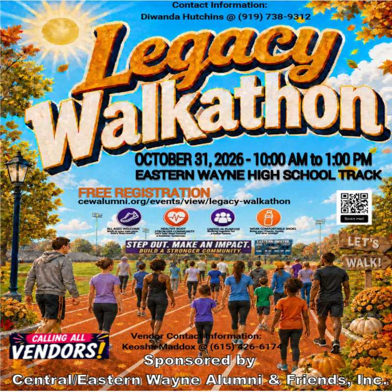 A group of people walk on a track in the foreground, with autumn leaves and a bright sun in the background, advertising a "Legacy Walkathon."