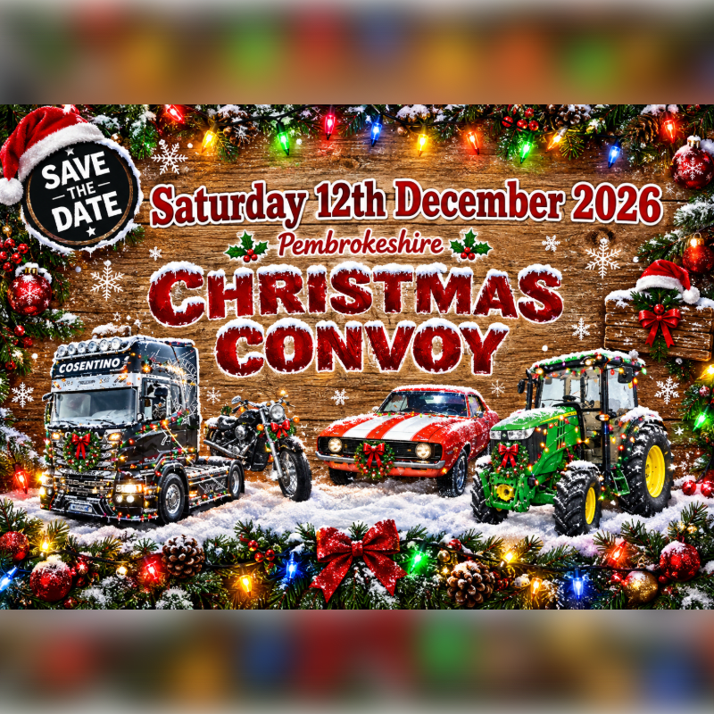 A truck, motorcycle, car, and tractor decorated for Christmas sit in the foreground against a wooden background featuring event details for the Pembrokeshire Christmas Convoy.