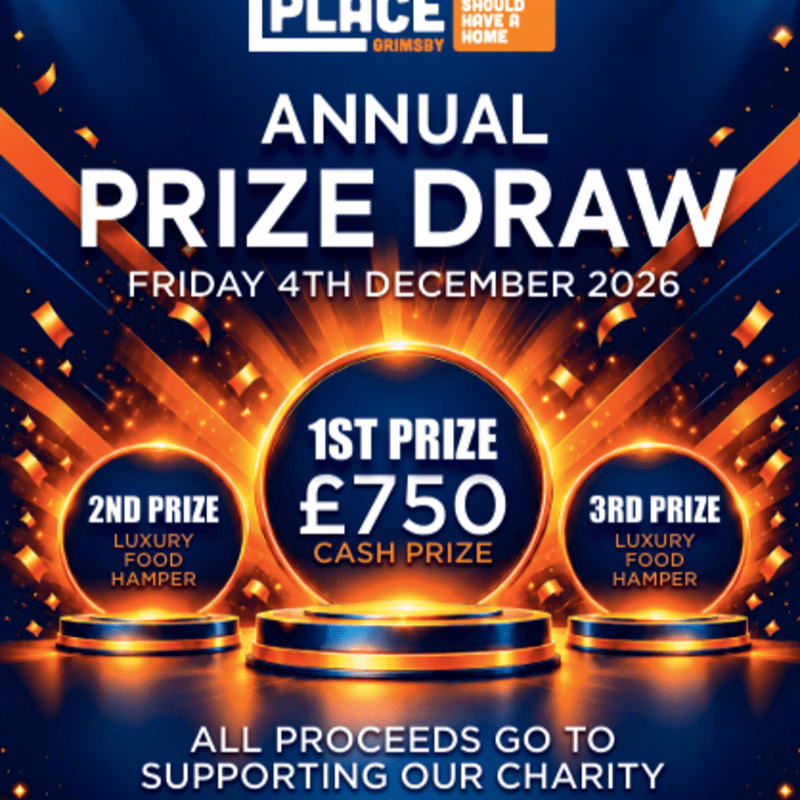 Three glowing prize circles displaying cash and hampers sit in the foreground against a dark blue background with gold light rays and confetti.