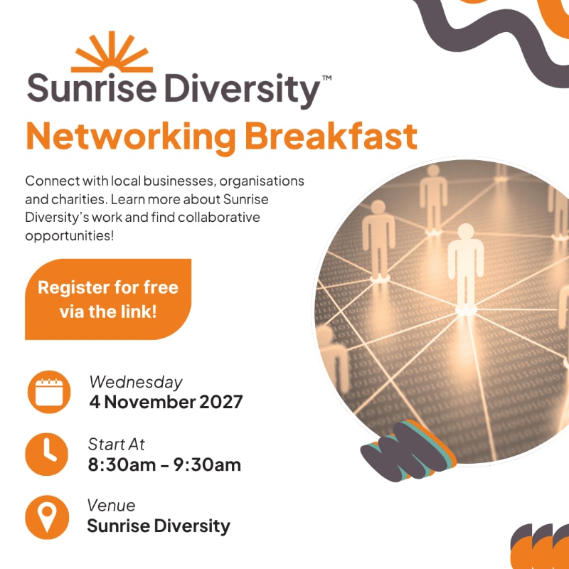 A networking breakfast event is advertised with event details on the left and a stylized lightbulb graphic filled with interconnected people on the right, against a background of wavy lines.