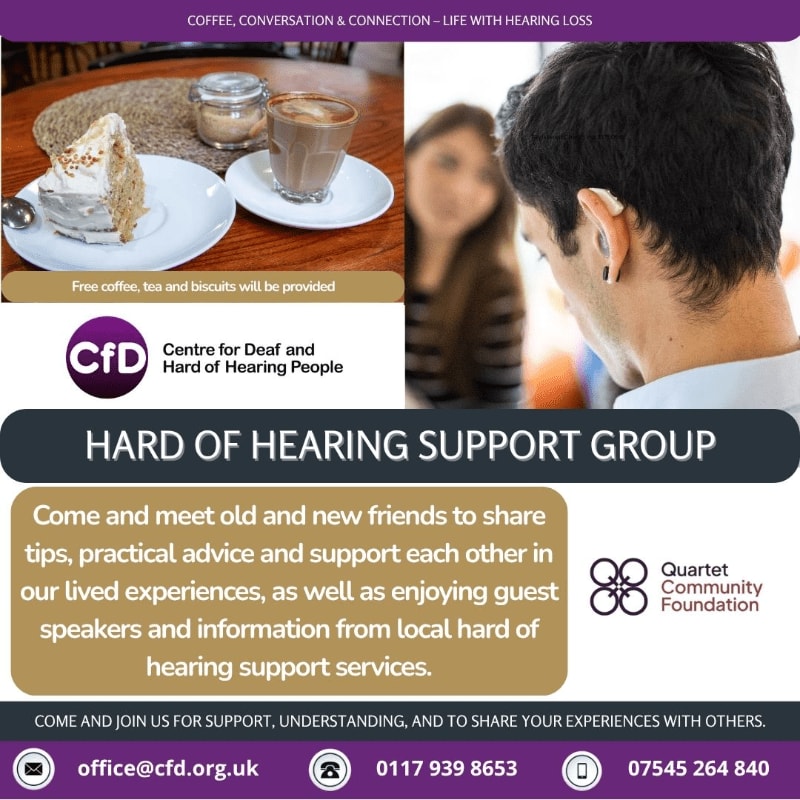 A promotional flyer for a hard of hearing support group features a slice of cake and coffee in the foreground and a man wearing a hearing aid in the background.