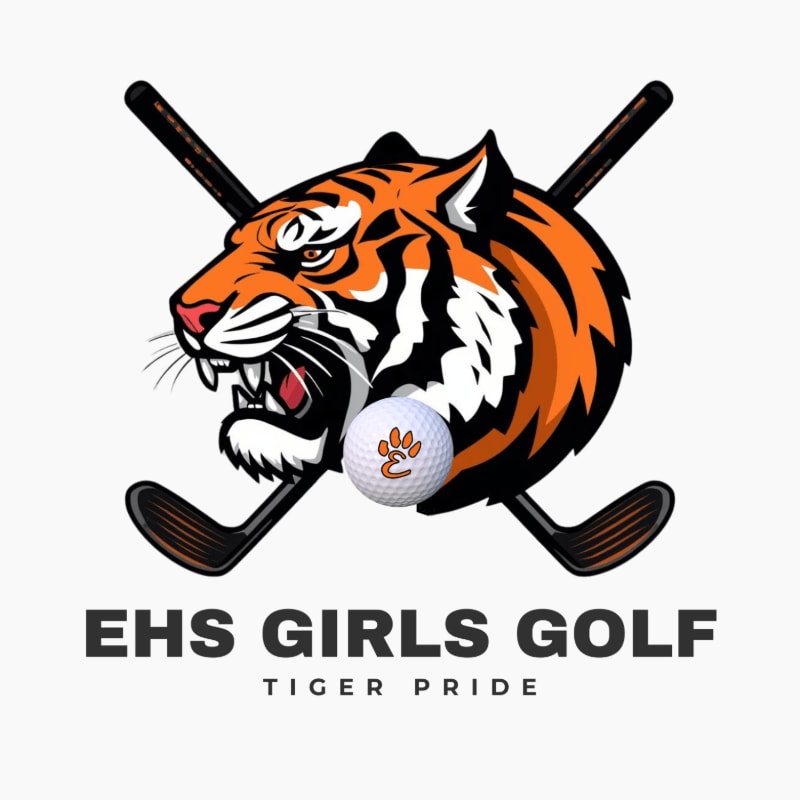 A tiger's head and a golf ball are positioned in front of two crossed golf clubs against a plain white background, with the text "EHS GIRLS GOLF TIGER PRIDE" below.