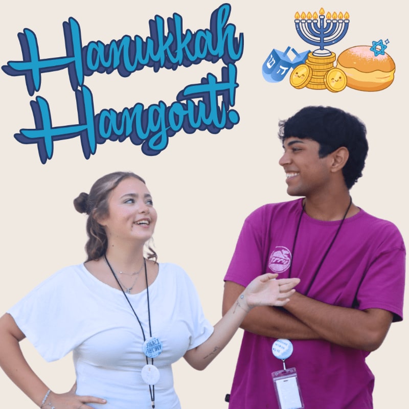 A smiling woman in a white shirt and a man in a purple shirt stand in the foreground against a plain background featuring "Hanukkah Hangout!" text and holiday illustrations.