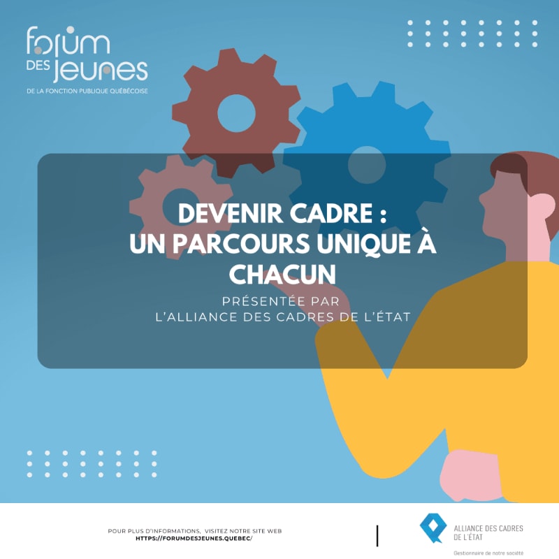 A person in a yellow shirt stands in the foreground next to a text box, set against a blue background featuring colorful gears and the "Forum des Jeunes" logo.