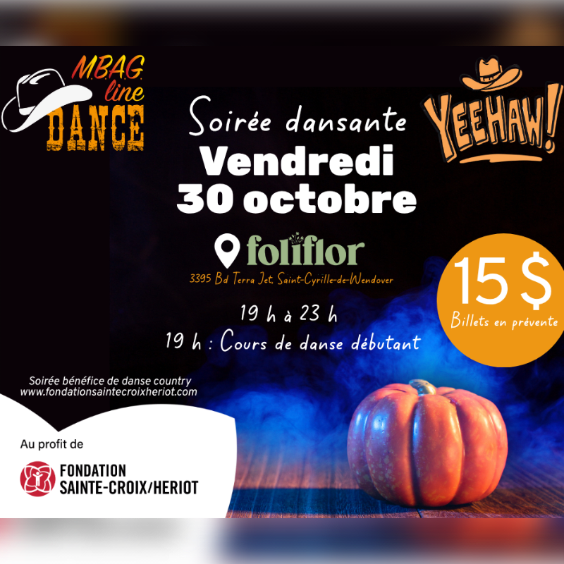 A promotional flyer for a country dance event on October 30th features event details in the center and a pumpkin amidst blue smoke in the foreground against a dark background.