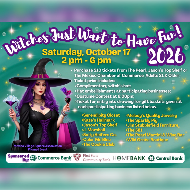A witch with purple hair and a pointed hat stands in the foreground of a colorful event flyer featuring event details and a list of participating businesses against a glowing teal and purple background.