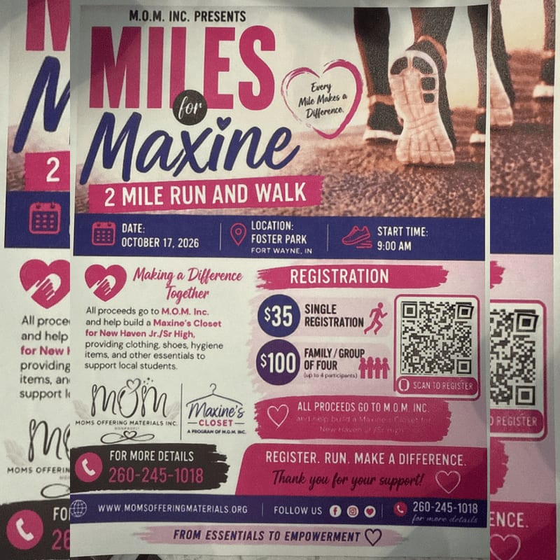 A promotional flyer for a "Miles for Maxine" 2-mile run and walk features event details and registration information in the foreground against a background image of a person's running shoes.
