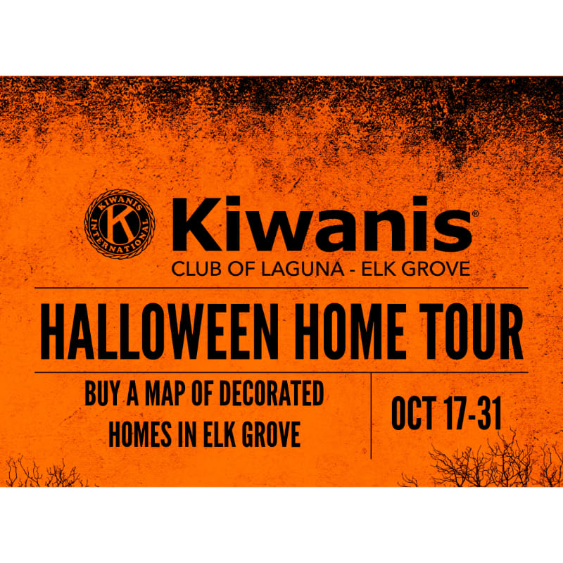 Black text advertising a Kiwanis Halloween Home Tour is set against a textured orange background with dark, weathered edges and silhouettes of bare branches.